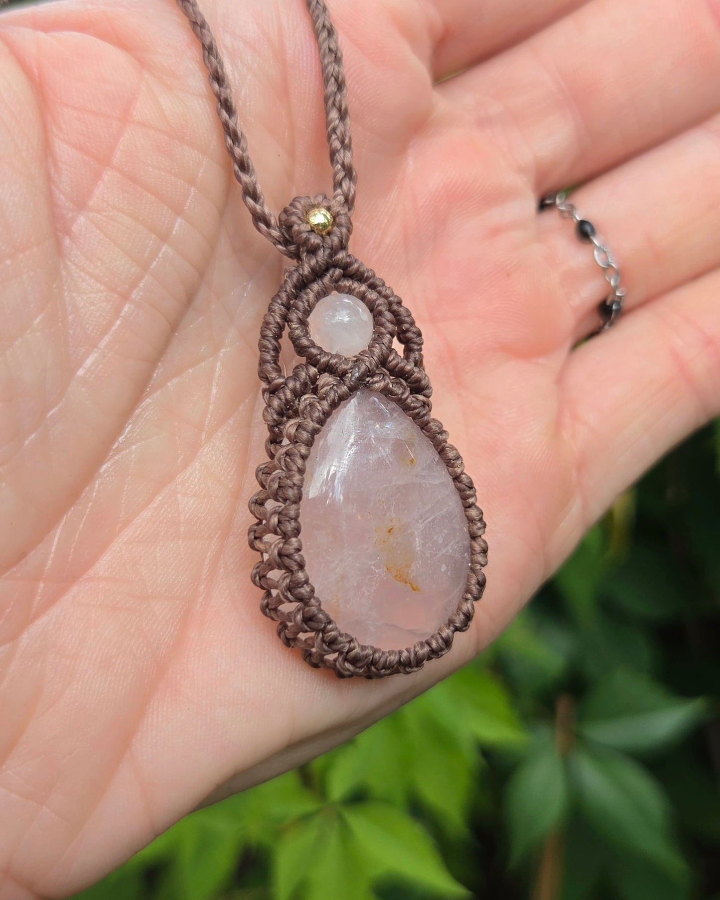 Rose Quartz with Golden Healer Teardrop Macrame Necklace