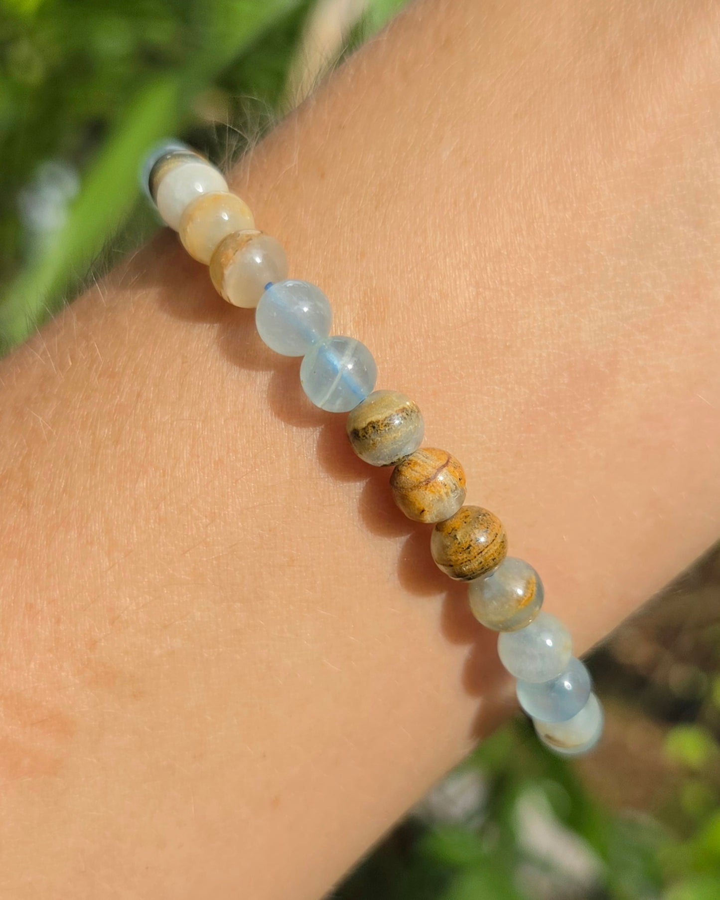 Aquatine Lemurian Calcite Stretchy Bracelet aka Banded Blue Calcite