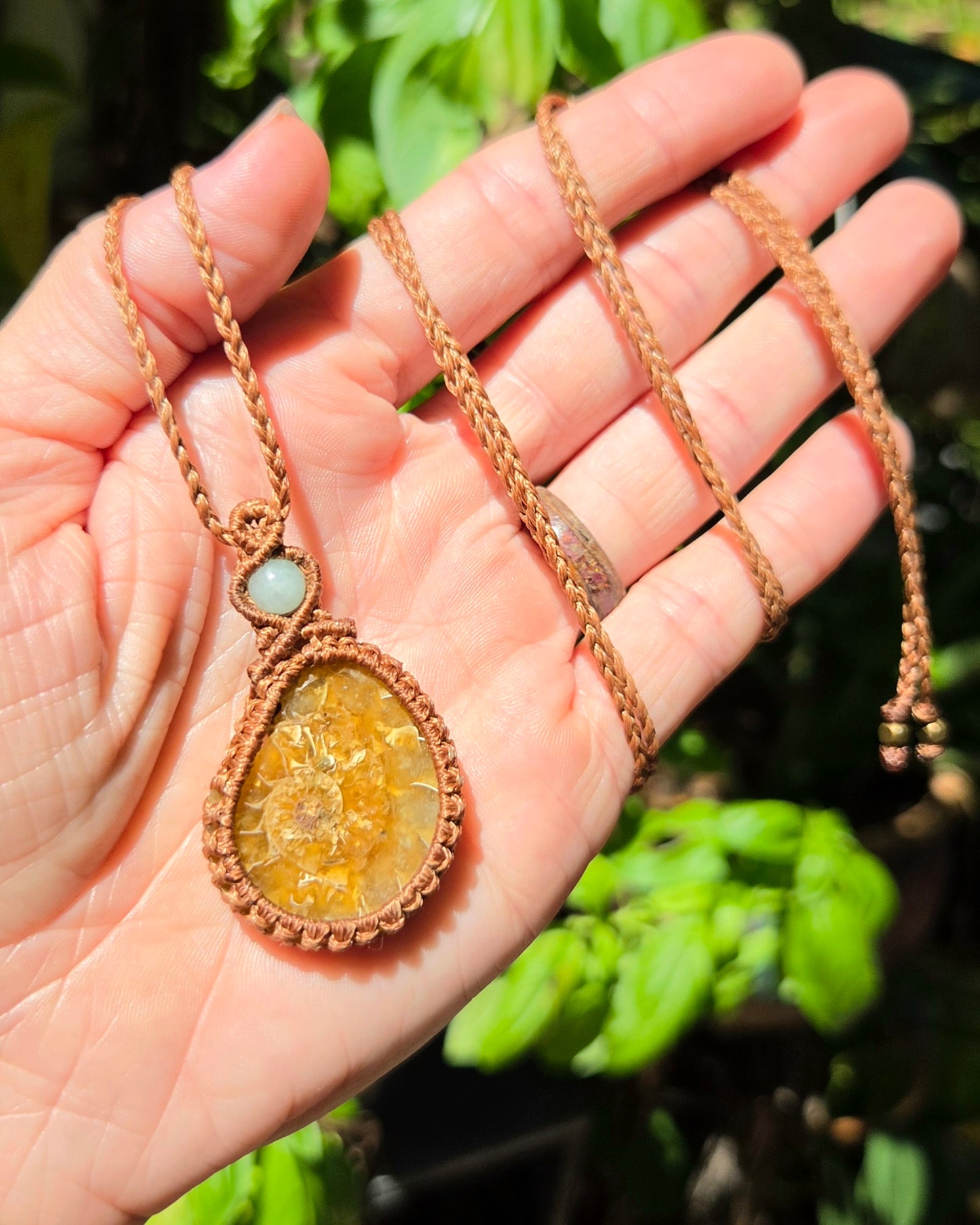 Ammonite & Aquamarine Macrame Necklace