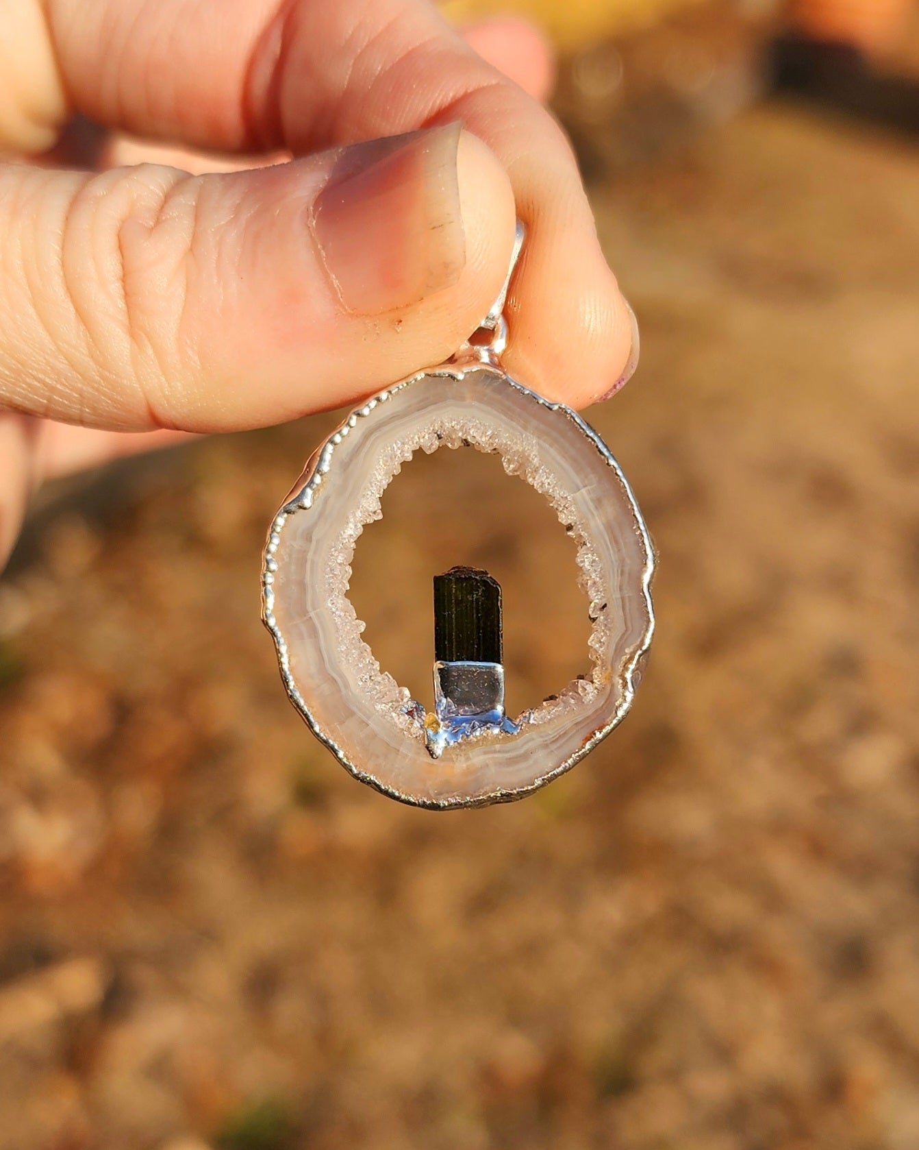 Oco Geode Slice with Black Tourmaline Necklace