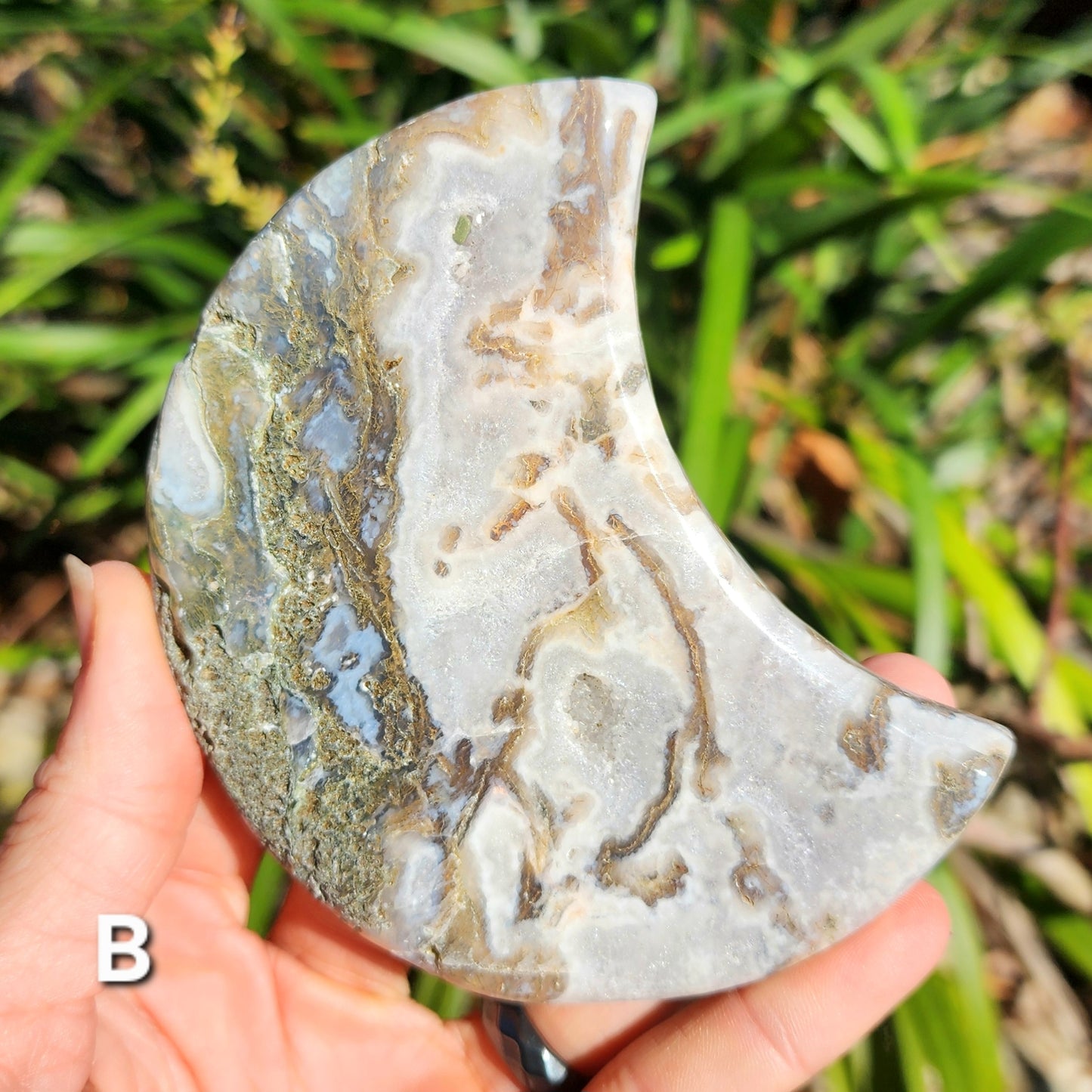 Moss Agate Moon on Stand