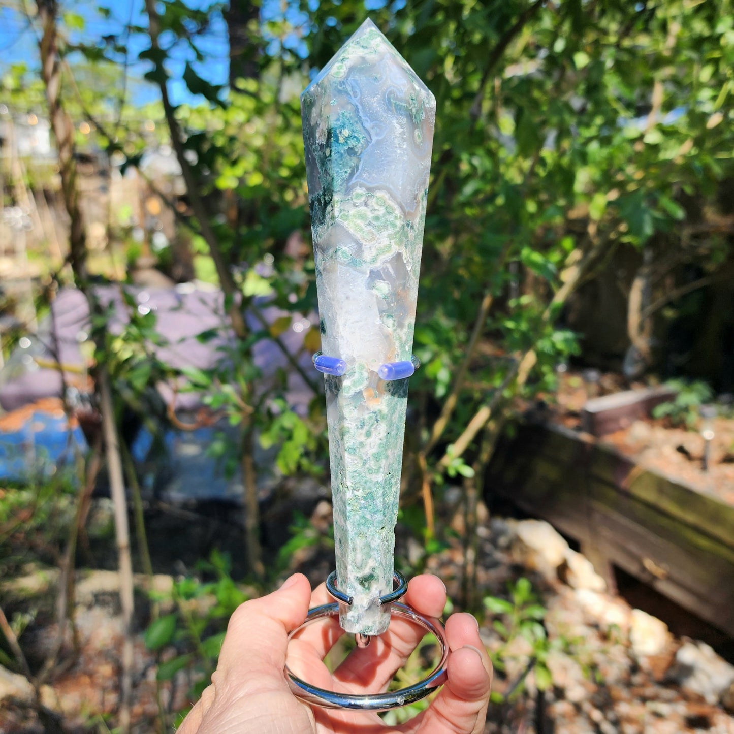 Moss Agate Wand on Stand