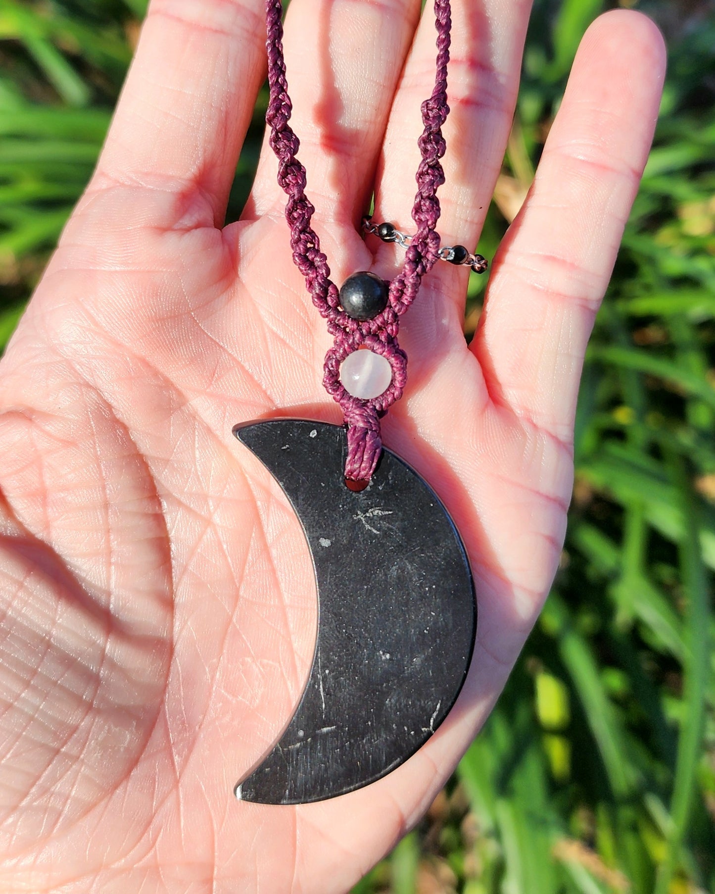 Shungite Moon Macrame Necklace