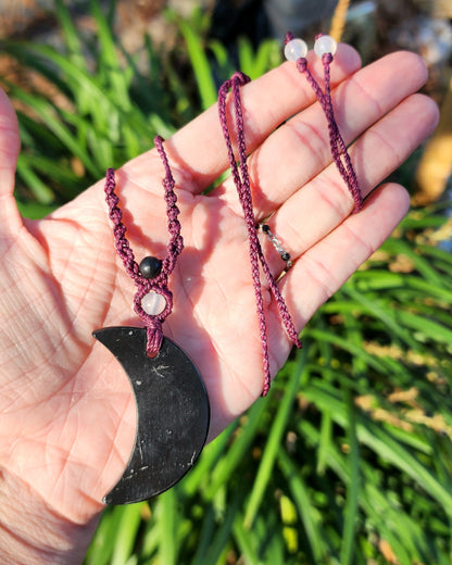 Shungite Moon Macrame Necklace
