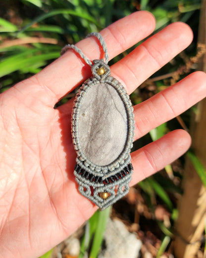 Silver Sheen Obsidian Macrame Necklace