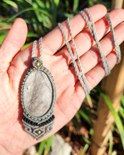 Silver Sheen Obsidian Macrame Necklace