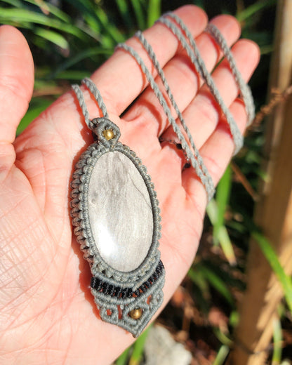Silver Sheen Obsidian Macrame Necklace