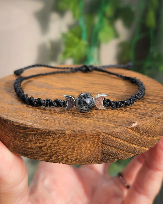 Black Tourmalinated Quartz Triple Moon Macrame Bracelet