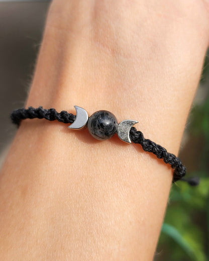 Black Tourmalinated Quartz Triple Moon Macrame Bracelet