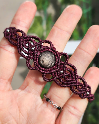 Silver Sheen Obsidian Full Moon Macrame Lacy Bracelet