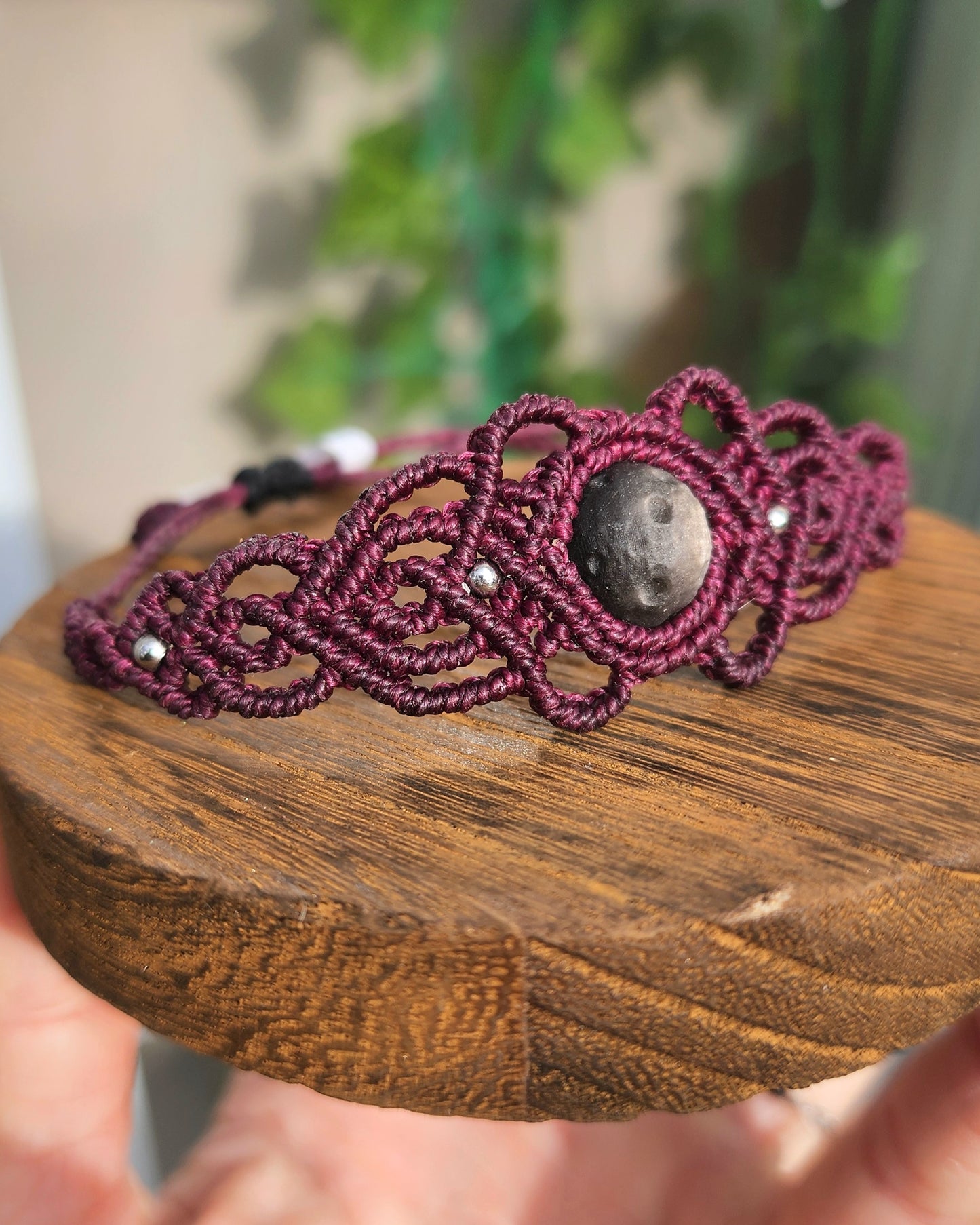 Silver Sheen Obsidian Full Moon Macrame Lacy Bracelet