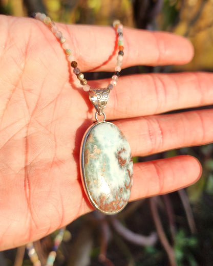 Larimar Pendant on Mixed Gemstone 2mm Beaded Necklace