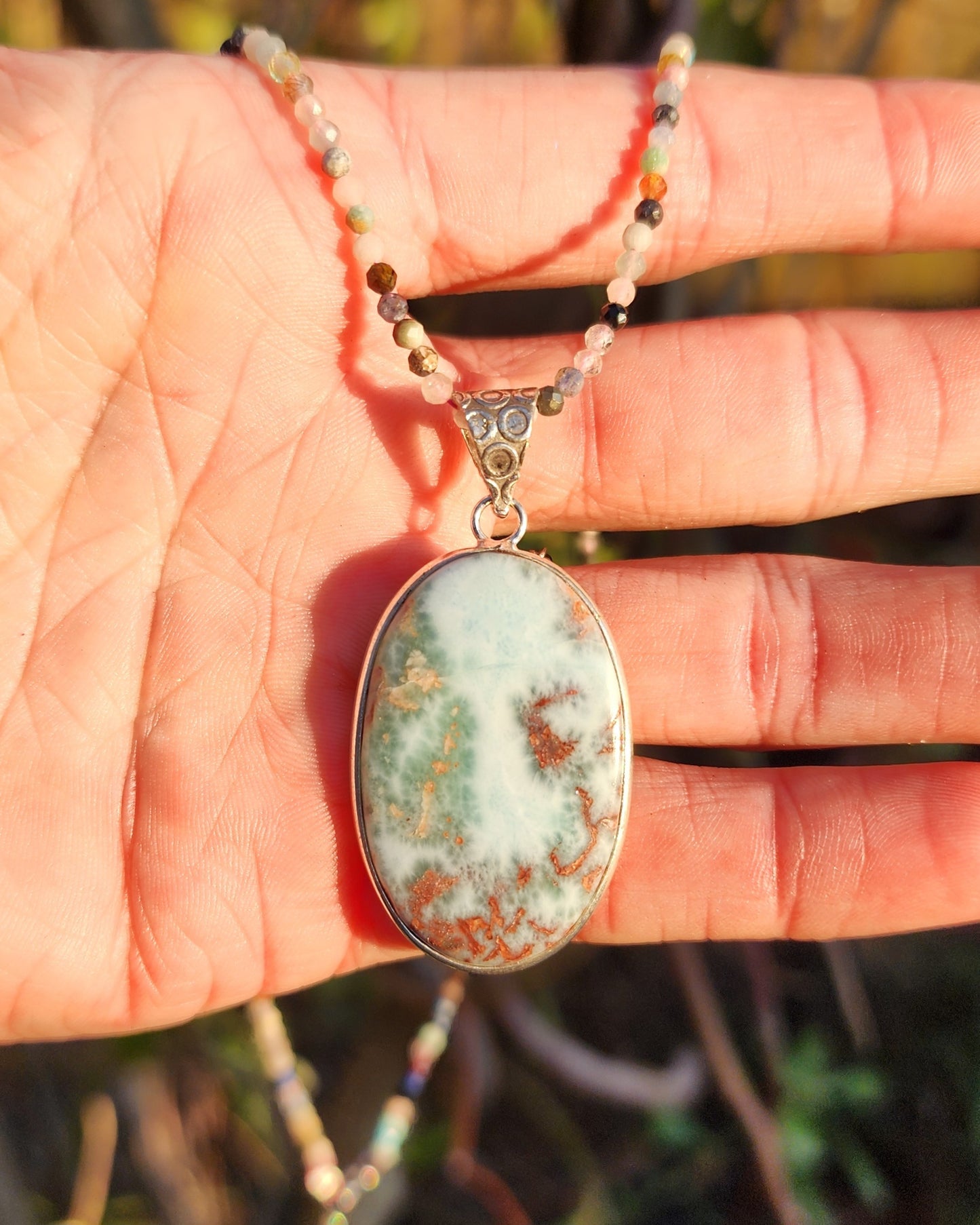 Larimar Pendant on Mixed Gemstone 2mm Beaded Necklace