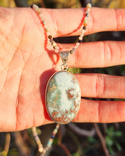Larimar Pendant on Mixed Gemstone 2mm Beaded Necklace