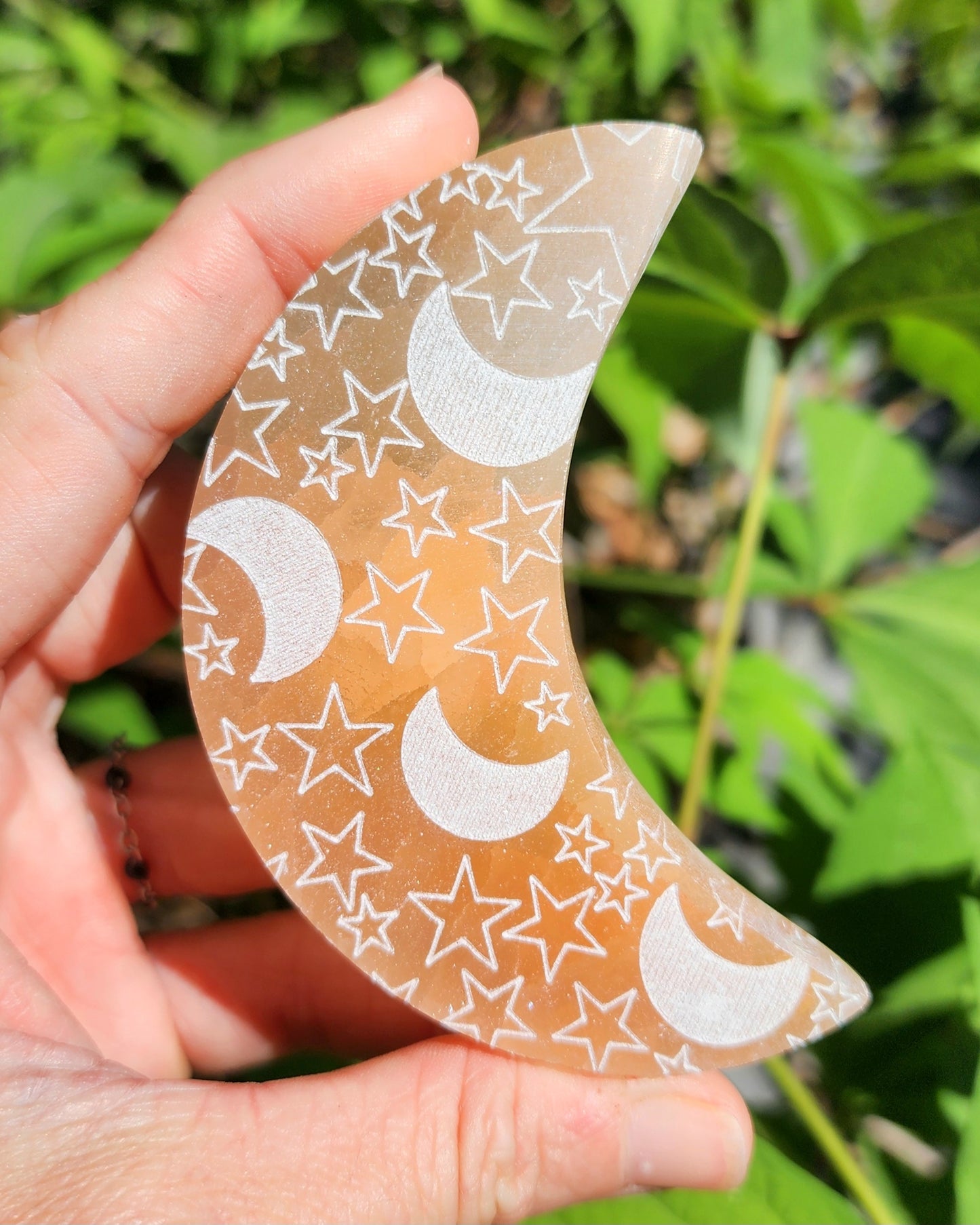 Peach Satin Spar Selenite Moon with Celestial Etching