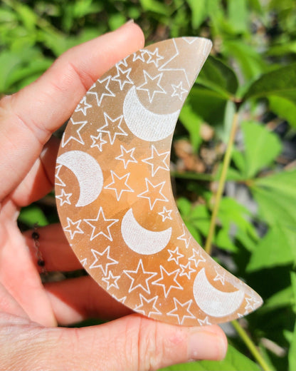 Peach Satin Spar Selenite Moon with Celestial Etching