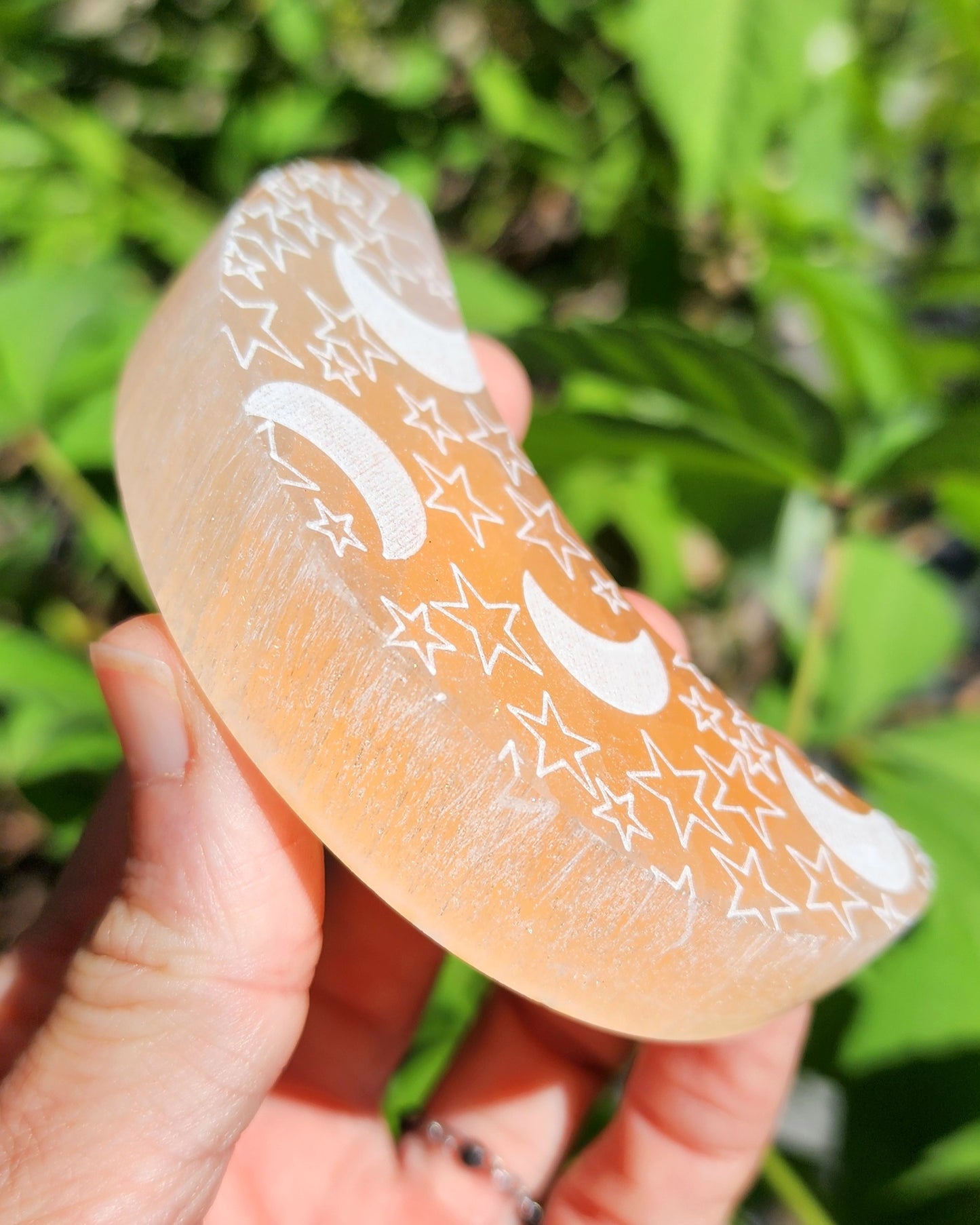 Peach Satin Spar Selenite Moon with Celestial Etching