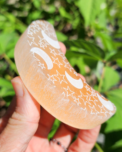Peach Satin Spar Selenite Moon with Celestial Etching