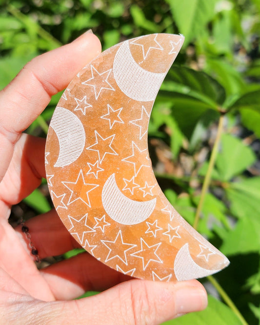 Peach Satin Spar Selenite Moon with Celestial Etching