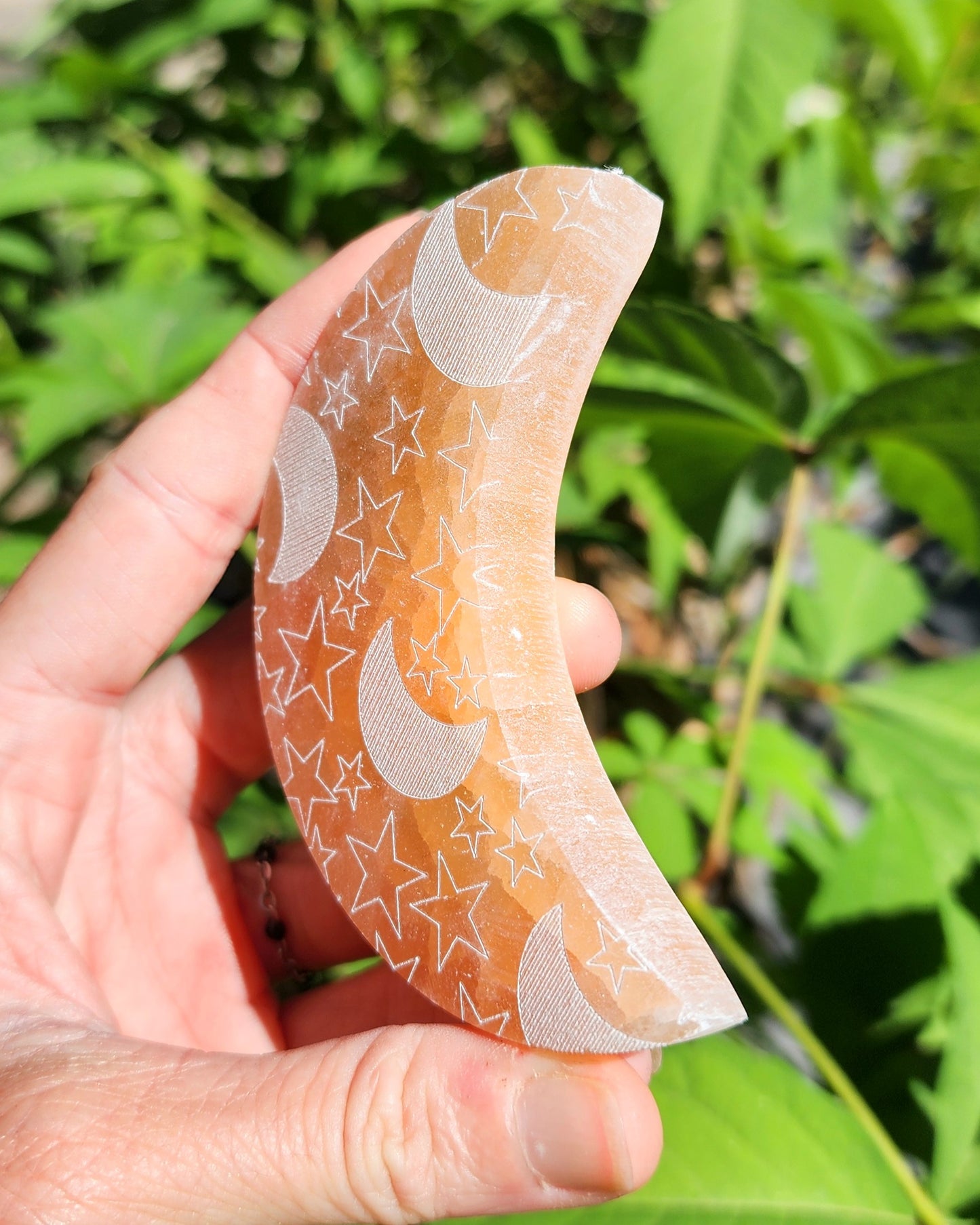 Peach Satin Spar Selenite Moon with Celestial Etching