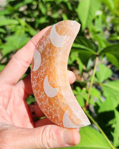 Peach Satin Spar Selenite Moon with Celestial Etching