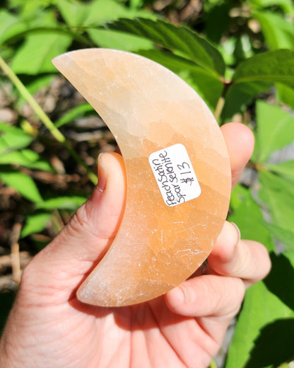 Peach Satin Spar Selenite Moon with Celestial Etching