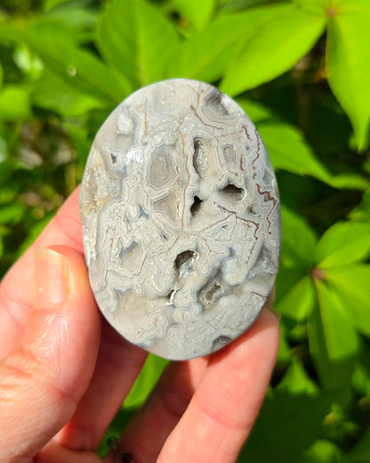 Mexican Crazy Lace Agate Palm Stone with Druzy