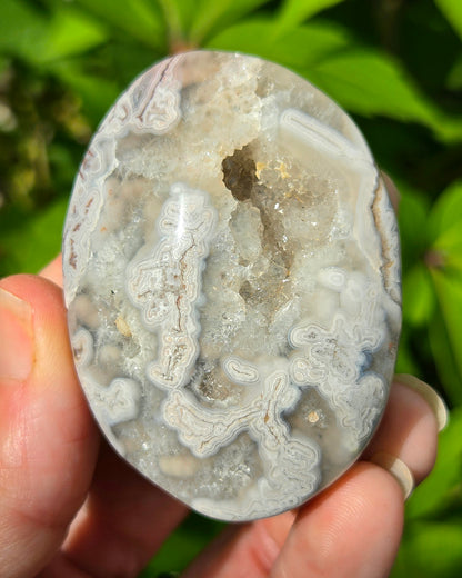 Mexican Crazy Lace Agate Palm Stone with Druzy