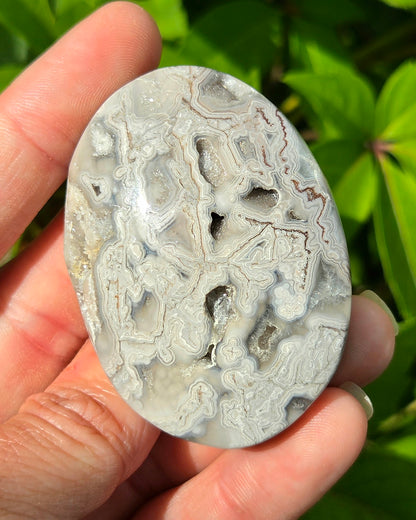 Mexican Crazy Lace Agate Palm Stone with Druzy