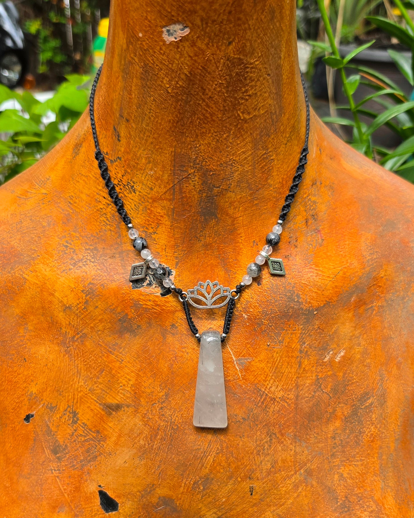 Black Tourmaline in Quartz Lotus Macrame Necklace