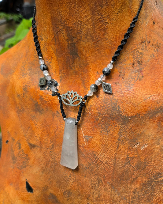 Black Tourmaline in Quartz Lotus Macrame Necklace
