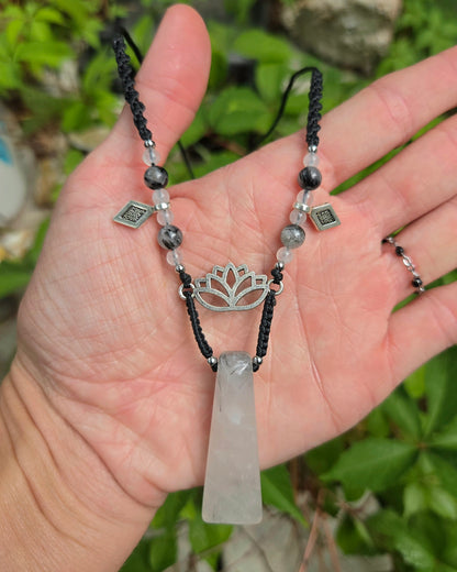 Black Tourmaline in Quartz Lotus Macrame Necklace