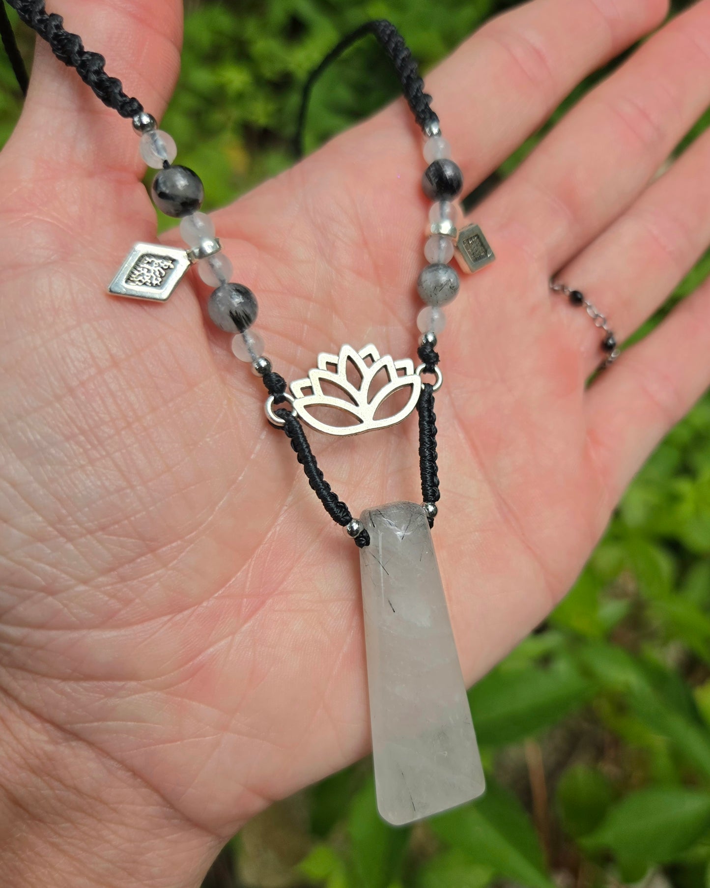 Black Tourmaline in Quartz Lotus Macrame Necklace