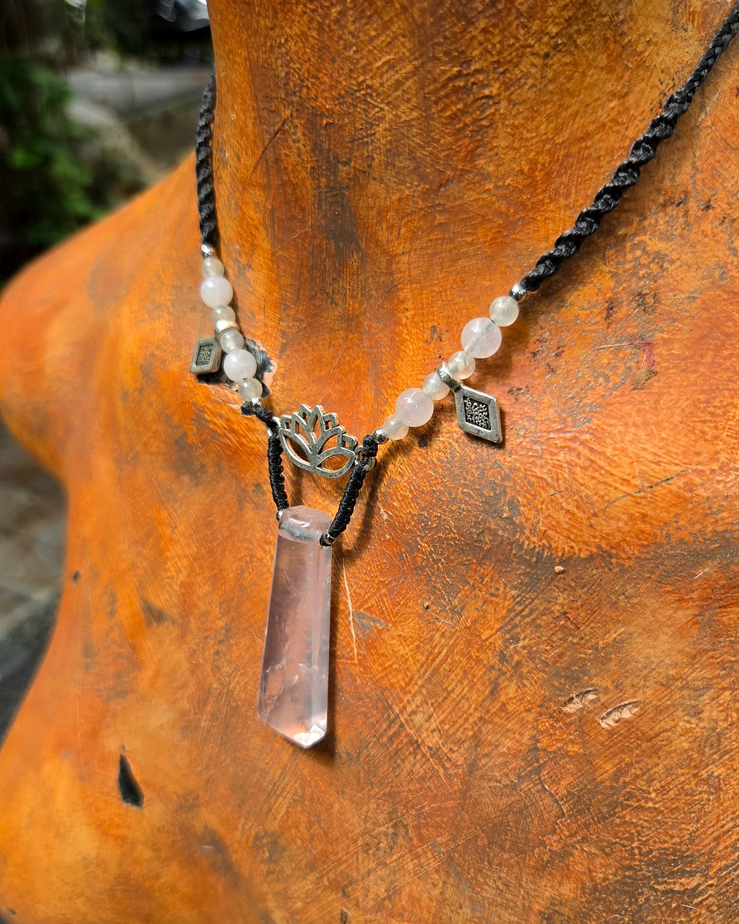 Rose Quartz Lotus Macrame Necklace