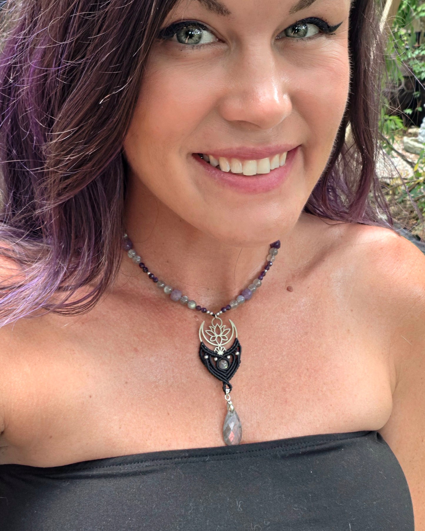 Labradorite & Amethyst Moon & Lotus Macrame Necklace