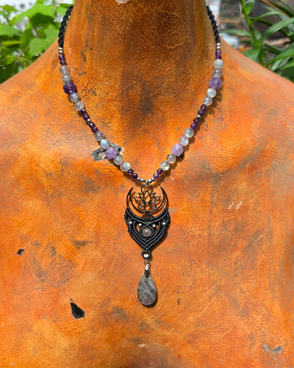 Labradorite & Amethyst Moon & Lotus Macrame Necklace