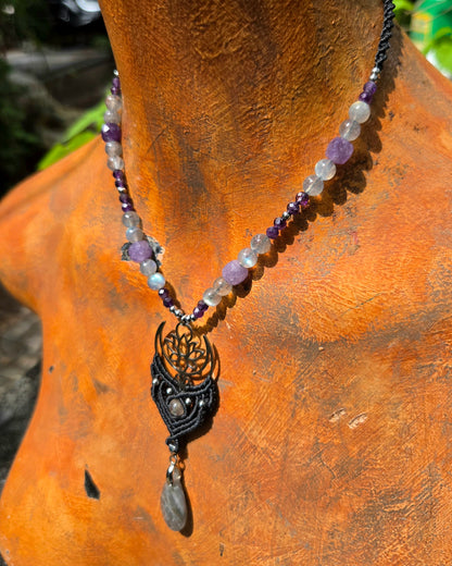 Labradorite & Amethyst Moon & Lotus Macrame Necklace
