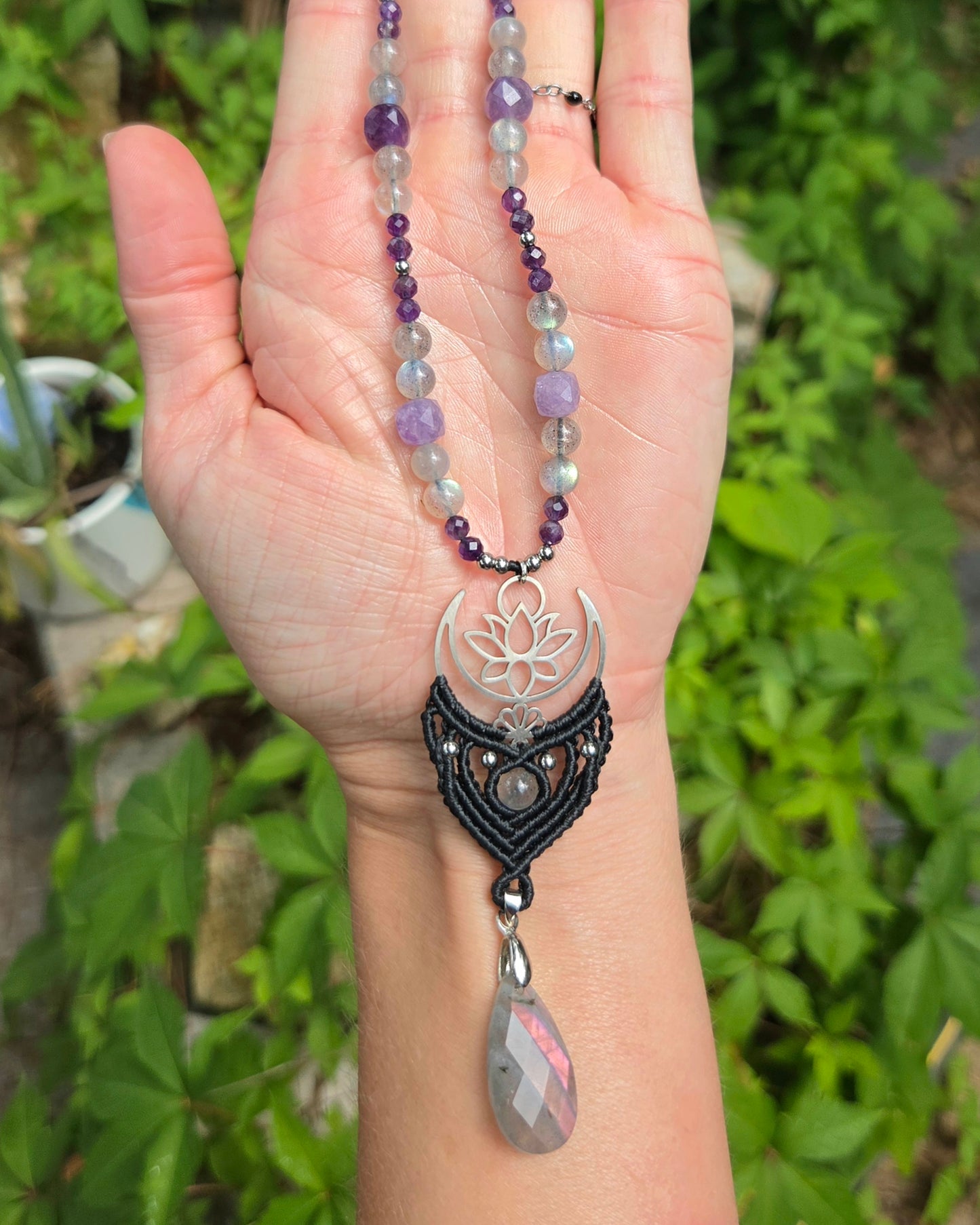 Labradorite & Amethyst Moon & Lotus Macrame Necklace