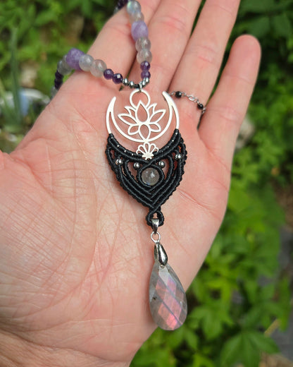 Labradorite & Amethyst Moon & Lotus Macrame Necklace