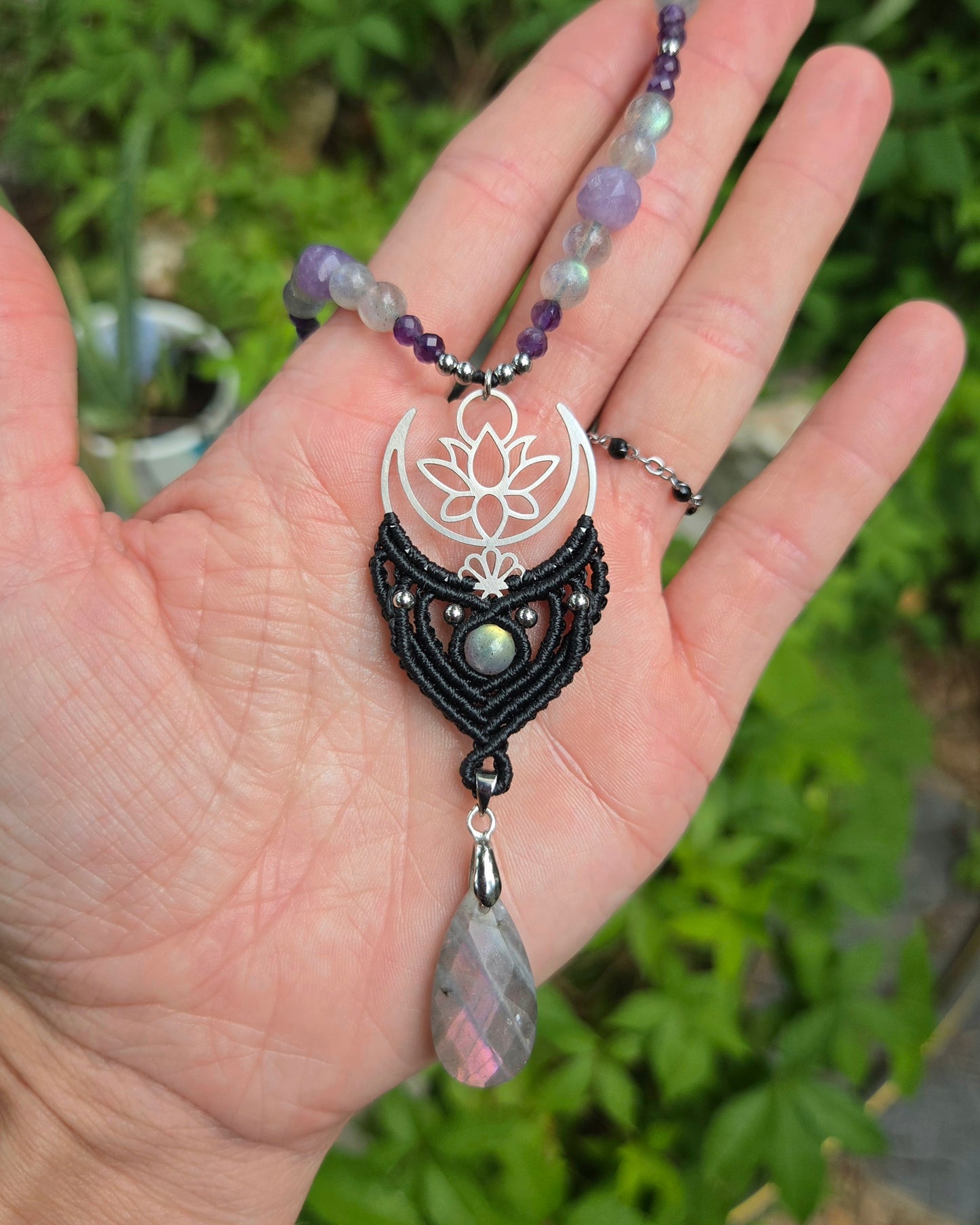Labradorite & Amethyst Moon & Lotus Macrame Necklace