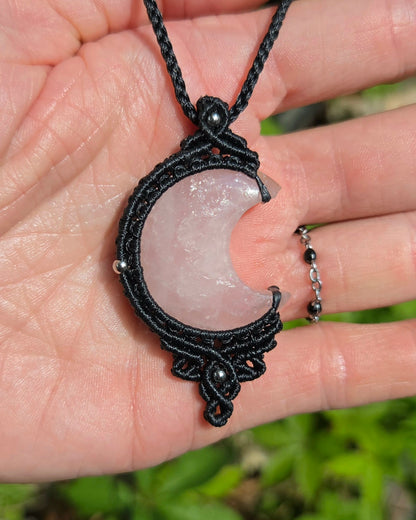 Rose Quartz Moon Macrame Necklace