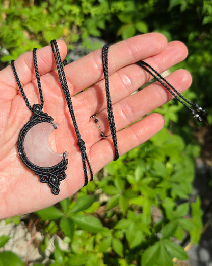 Rose Quartz Moon Macrame Necklace
