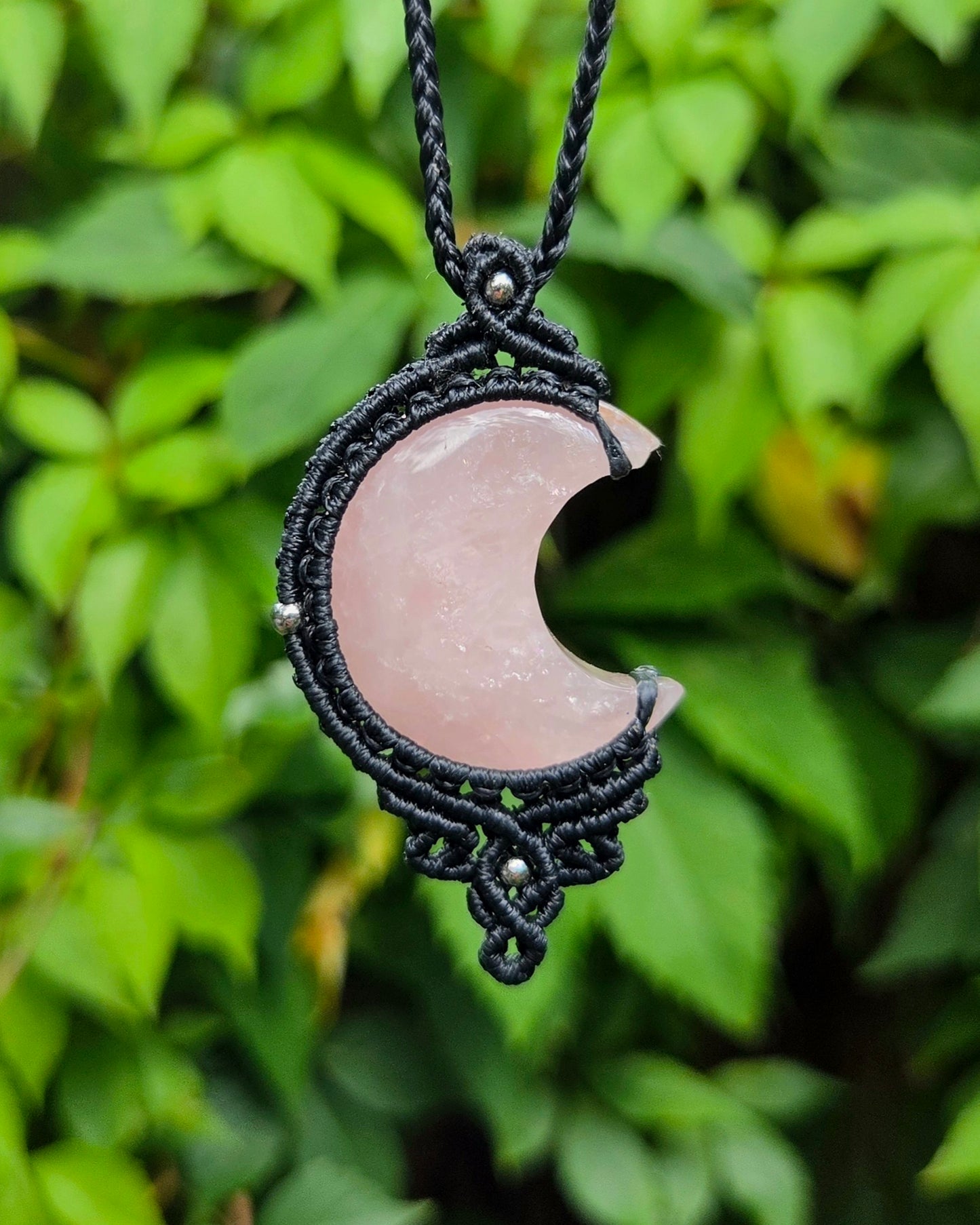 Rose Quartz Moon Macrame Necklace