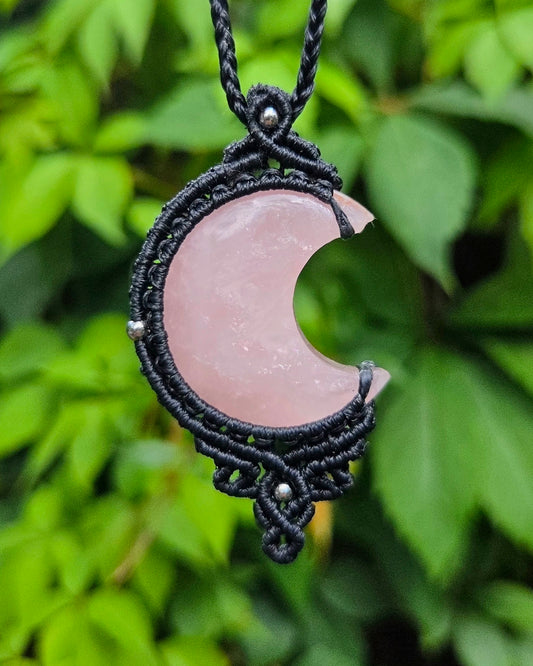 Rose Quartz Moon Macrame Necklace