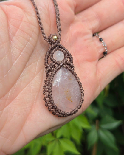 Rose Quartz with Golden Healer Teardrop Macrame Necklace