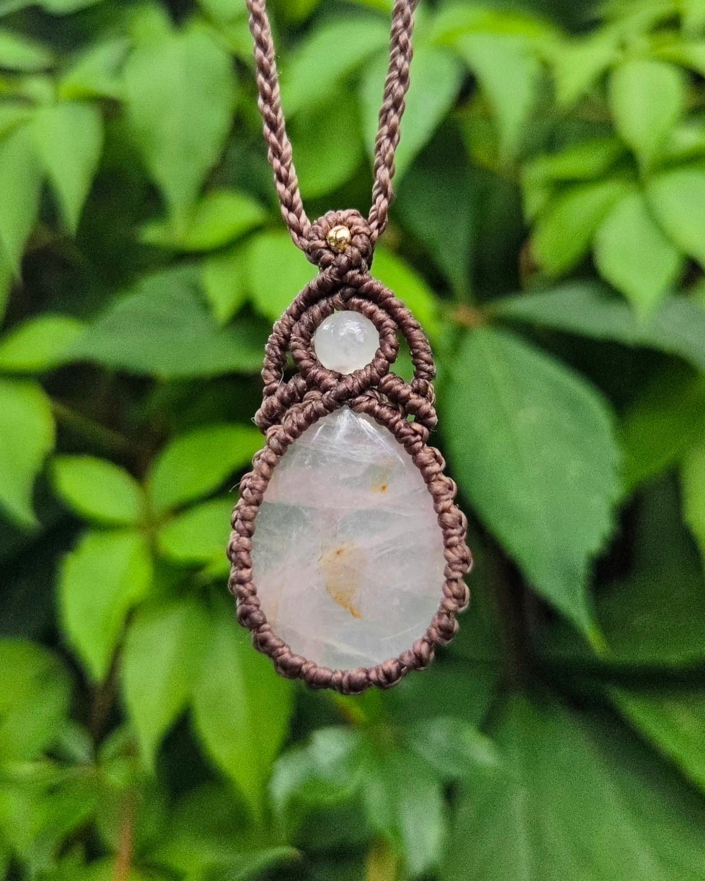 Rose Quartz with Golden Healer Teardrop Macrame Necklace