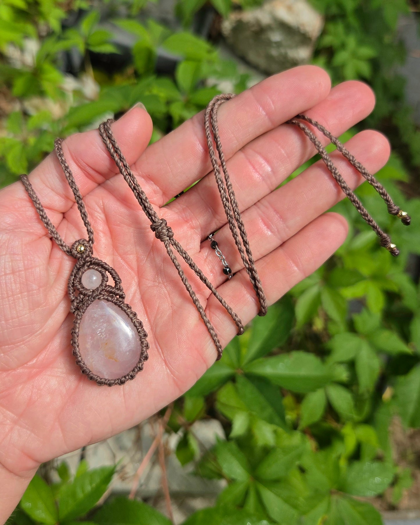 Rose Quartz with Golden Healer Teardrop Macrame Necklace