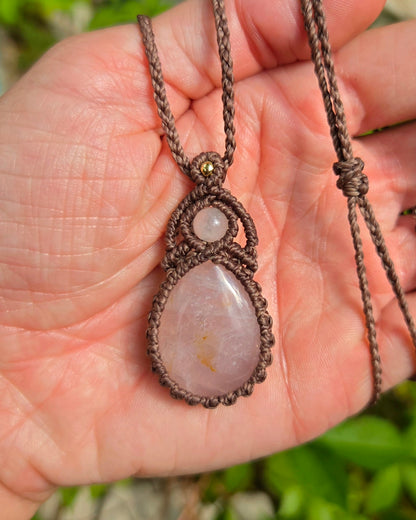 Rose Quartz with Golden Healer Teardrop Macrame Necklace
