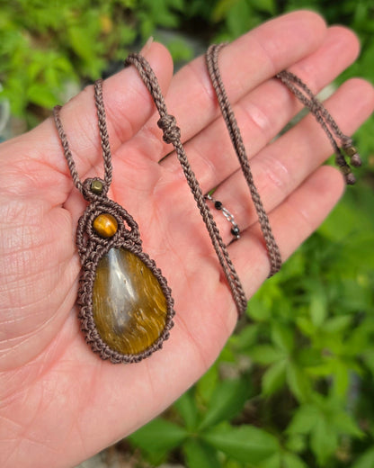 Tiger Eye Teardrop Macrame Necklace