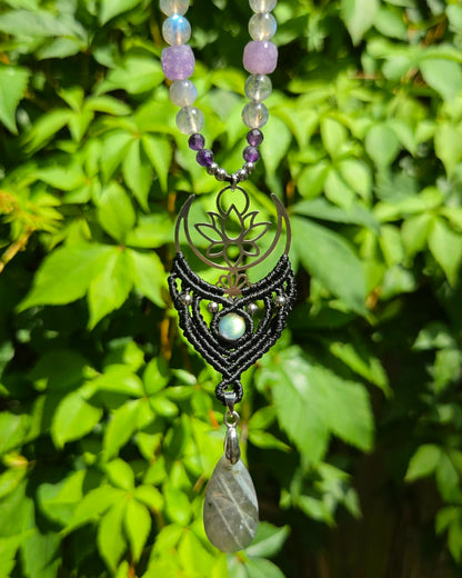Labradorite & Amethyst Moon & Lotus Macrame Necklace